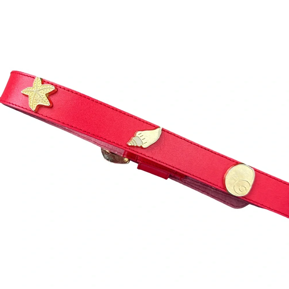 Vintage Dockers Coastal Red Leather Belt Gold Seashells M 28–32